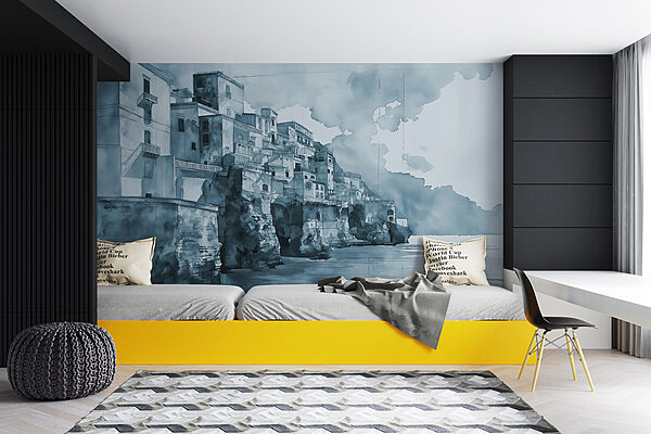 A watercolor of a city on a cliff A watercolor of a city on a cliff
