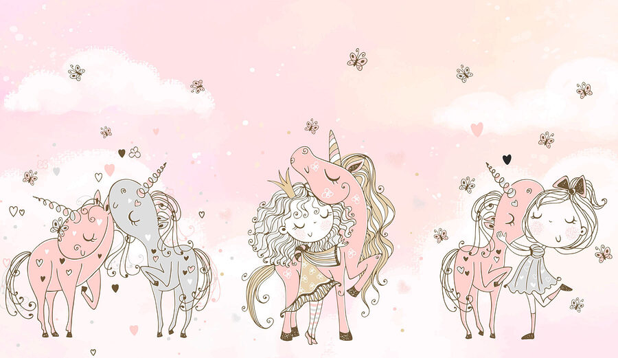 A group of unicorns and a girl A group of unicorns and a girl