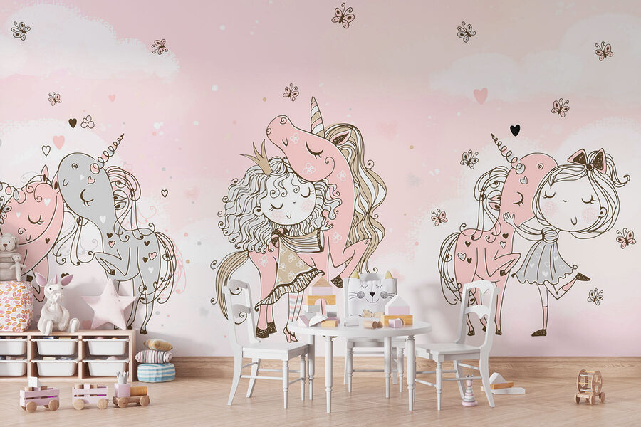 A group of unicorns and a girl A group of unicorns and a girl