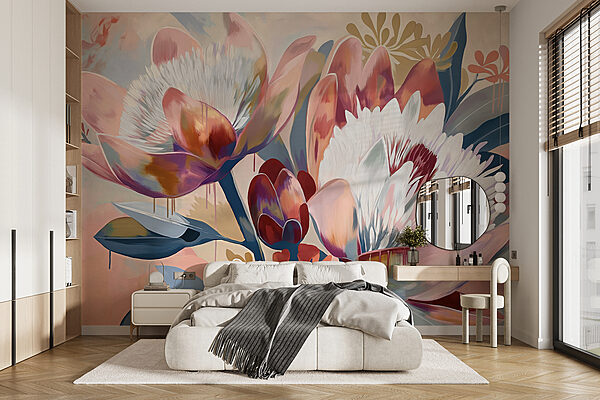 A painting of flowers on a surface A painting of flowers on a surface
