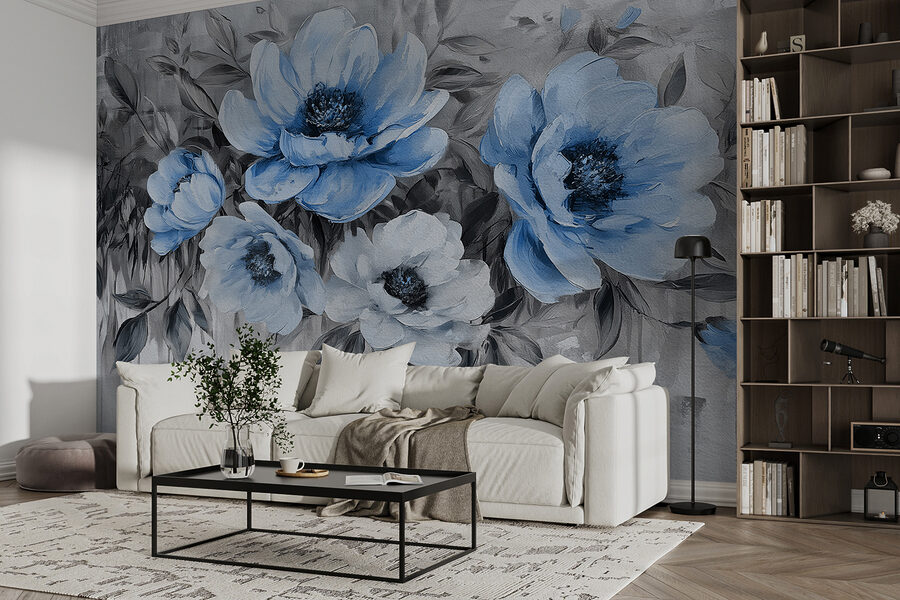 A painting of blue flowers A painting of blue flowers