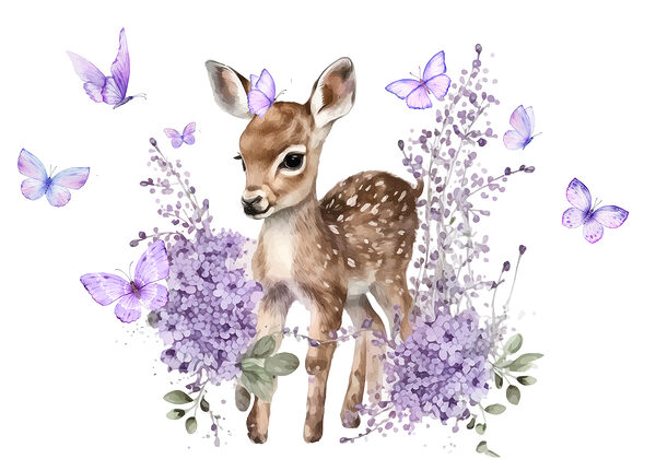 Baby deer surrounded by purple flowers w07931p 600x420 - Baby deer surrounded by purple flowers