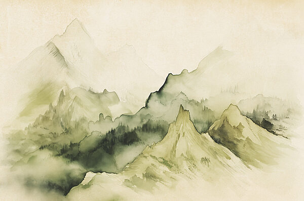 Painting of mountains and fog Painting of mountains and fog