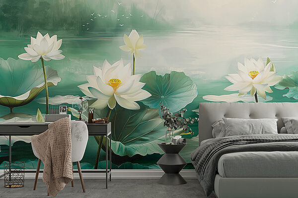 Painting of white flowers and leaves in a lake Painting of white flowers and leaves in a lake