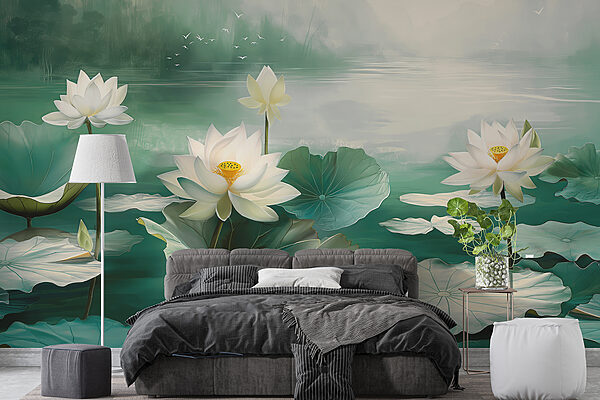 Painting of white flowers and leaves in a lake Painting of white flowers and leaves in a lake
