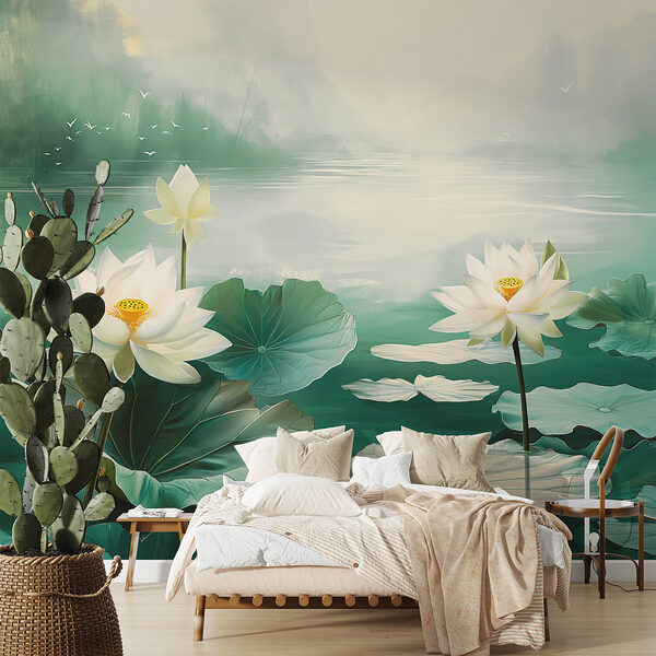 Painting of white flowers and leaves in a lake Painting of white flowers and leaves in a lake