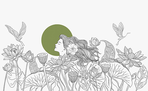 Drawing of a woman with long hair and flowers Drawing of a woman with long hair and flowers