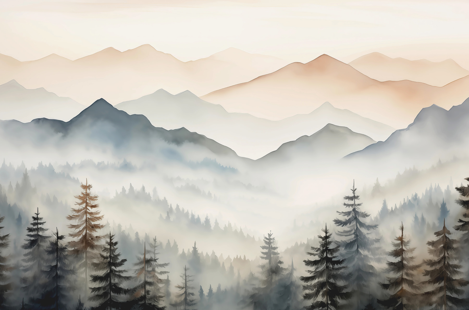 Landscape of mountains with trees and fog