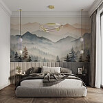 Wall murals Landscape of mountains with trees and fog