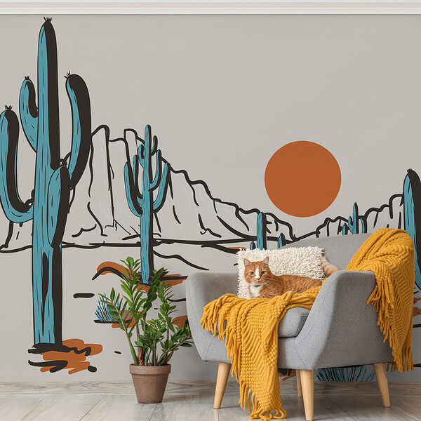 Desert landscape with cactuses and mountains Desert landscape with cactuses and mountains