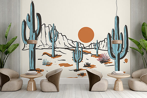 Desert landscape with cactuses and mountains Desert landscape with cactuses and mountains