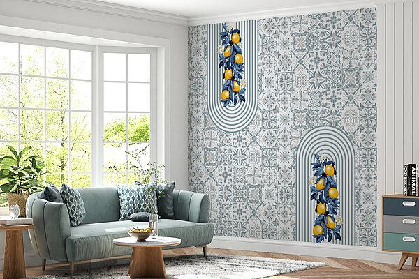 Pattern of fruit on a white and blue background Pattern of fruit on a white and blue background