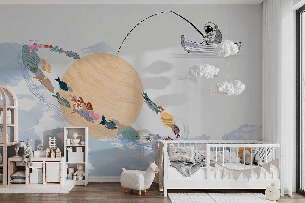 Cartoon of a planet with fish in it Cartoon of a planet with fish in it