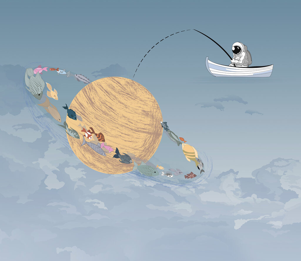 Cartoon of a man fishing in a boat in the sky Cartoon of a man fishing in a boat in the sky