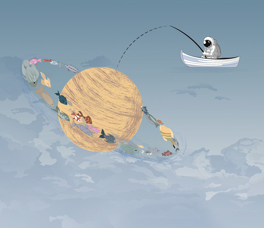Cartoon of a man fishing in a boat in the sky Cartoon of a man fishing in a boat in the sky