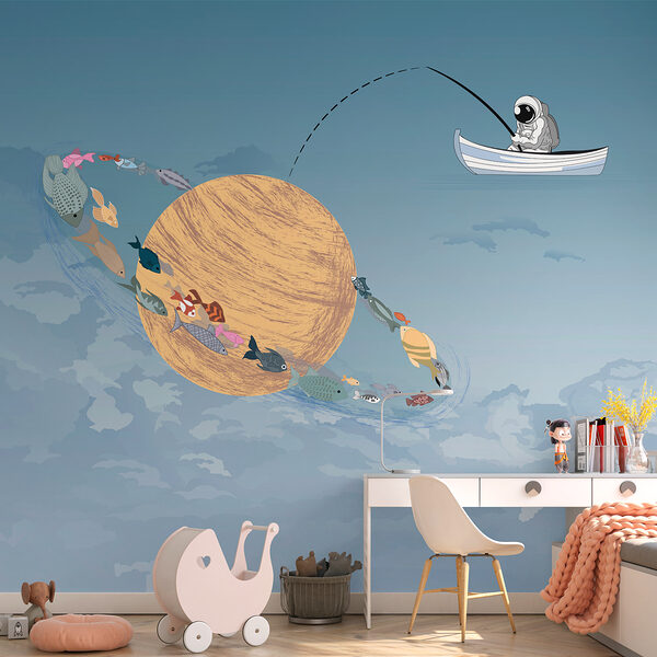 Cartoon of a man fishing in a boat in the sky Cartoon of a man fishing in a boat in the sky