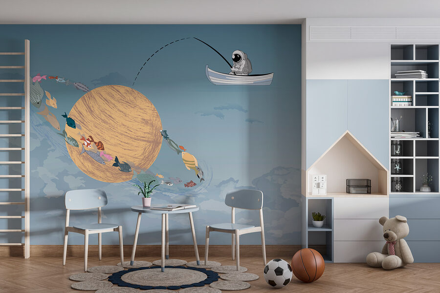 Cartoon of a man fishing in a boat in the sky Cartoon of a man fishing in a boat in the sky