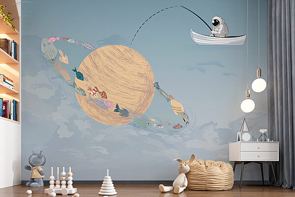 Cartoon of a man fishing in a boat in the sky Cartoon of a man fishing in a boat in the sky