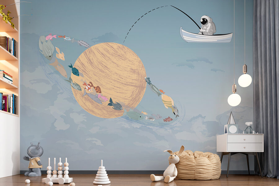 Cartoon of a man fishing in a boat in the sky Cartoon of a man fishing in a boat in the sky