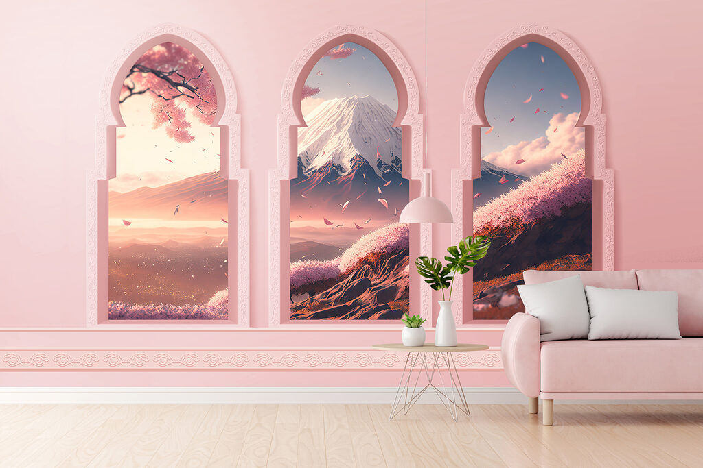 Three arched windows with a mountain view