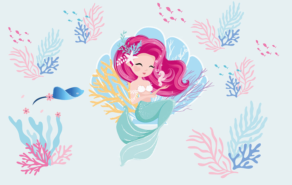 Cartoon mermaid with pink hair and a seahorse Cartoon mermaid with pink hair and a seahorse