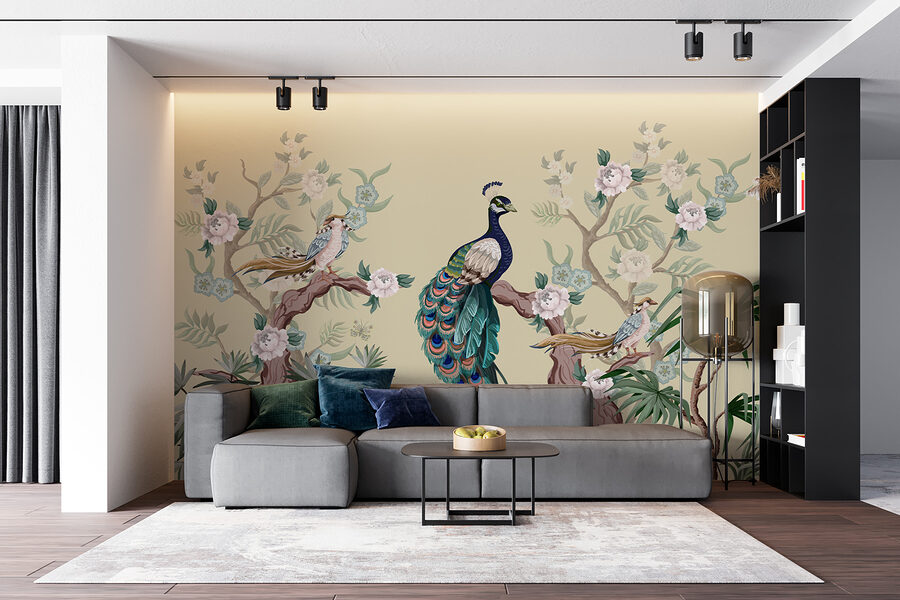 Wall murals Wallpaper with birds on branches