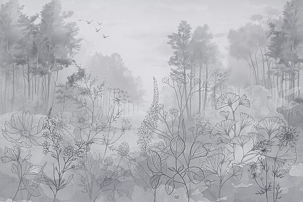 Greyscale image of a forest with birds flying