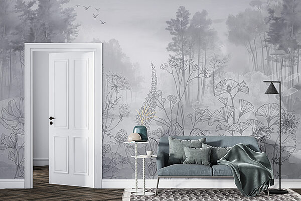 Greyscale image of a forest with birds flying