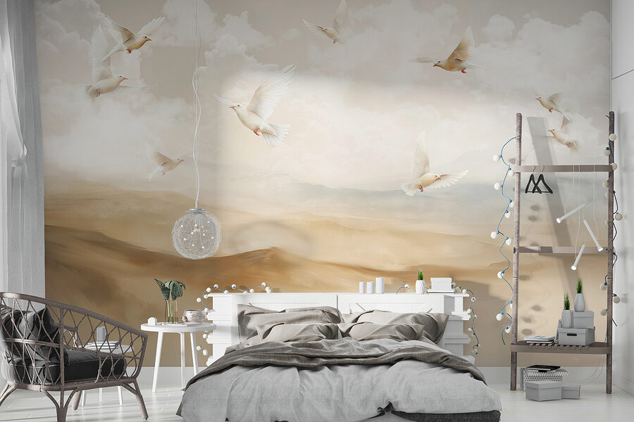Group of white birds flying in the sky Group of white birds flying in the sky