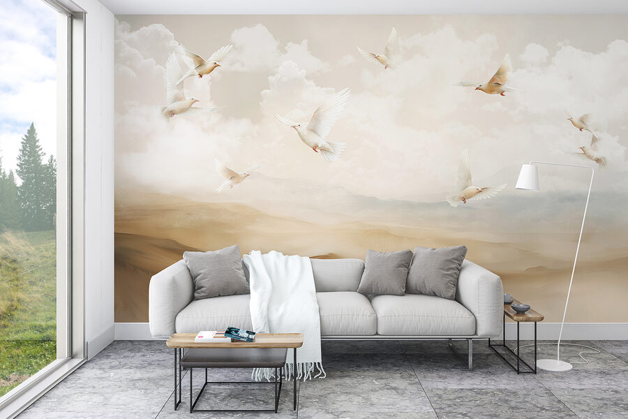 Group of white birds flying in the sky Group of white birds flying in the sky