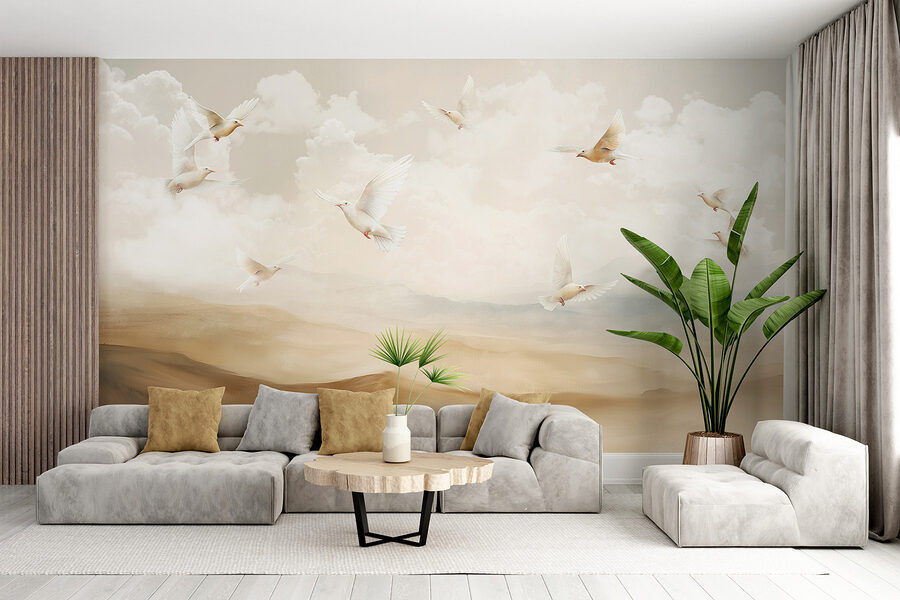 Group of white birds flying in the sky Group of white birds flying in the sky