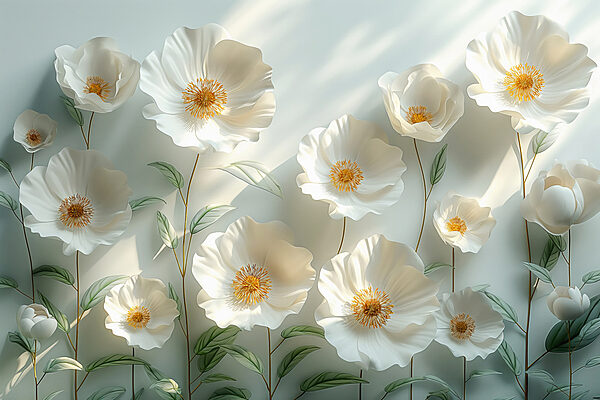 Group of white flowers with green leaves Group of white flowers with green leaves