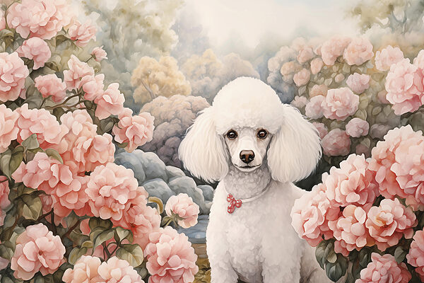 White dog in a garden of pink flowers White dog in a garden of pink flowers