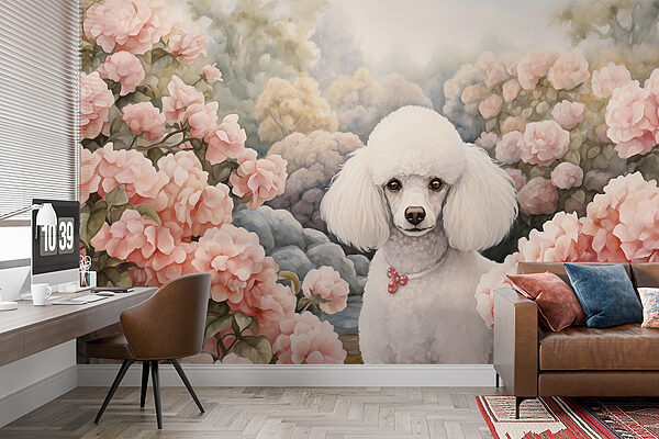White dog in a garden of pink flowers White dog in a garden of pink flowers
