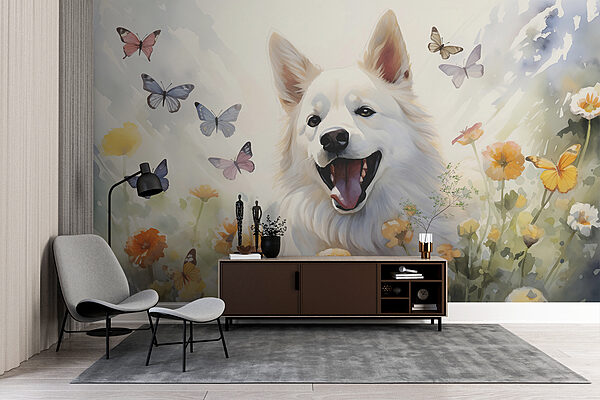 White dog with butterflies around it White dog with butterflies around it