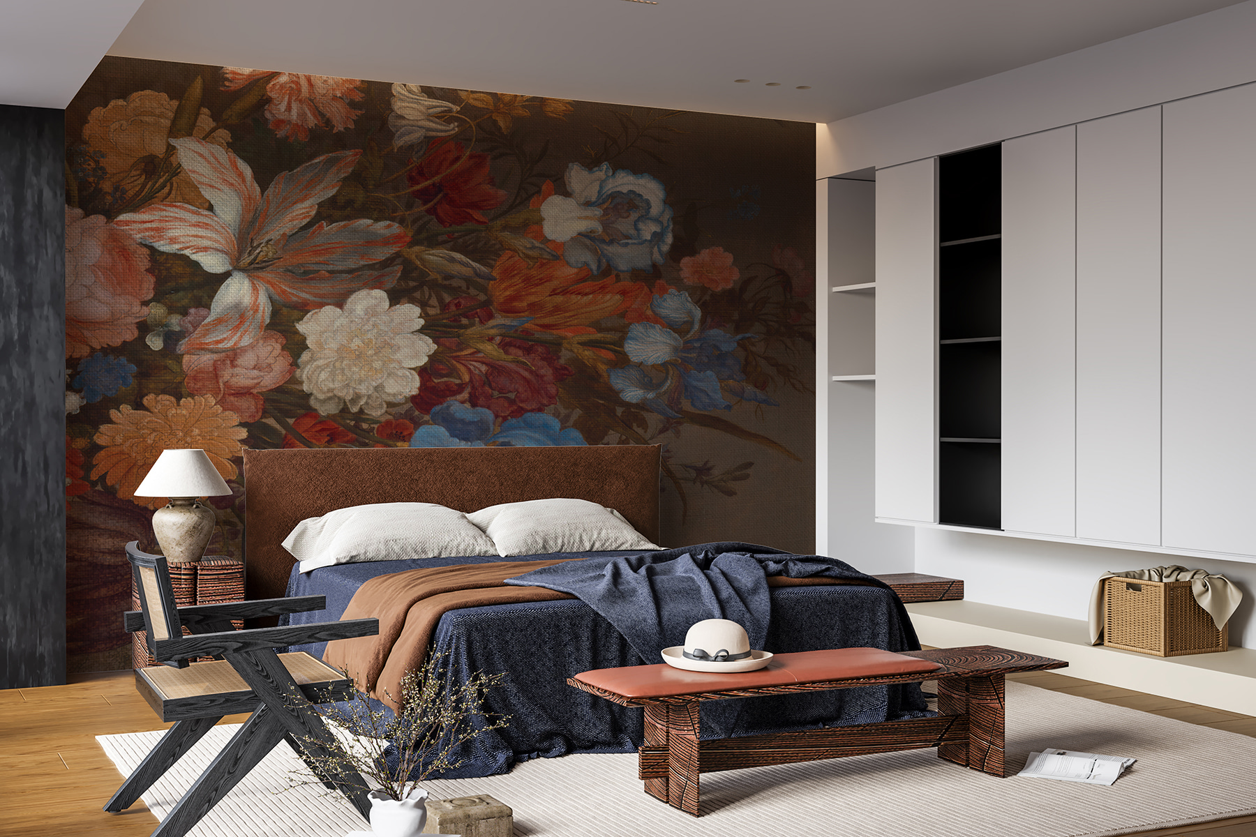 Painting of flowers on a brown surface