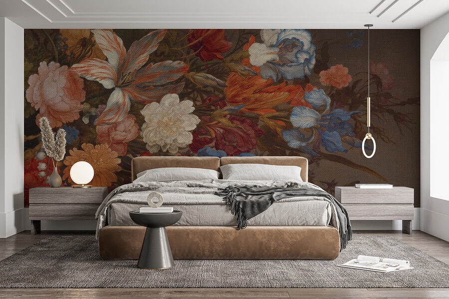 Painting of flowers on a brown surface Painting of flowers on a brown surface