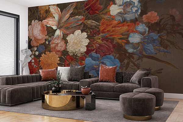 Painting of flowers on a brown surface Painting of flowers on a brown surface