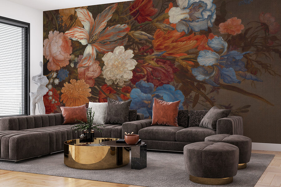Painting of flowers on a brown surface Painting of flowers on a brown surface
