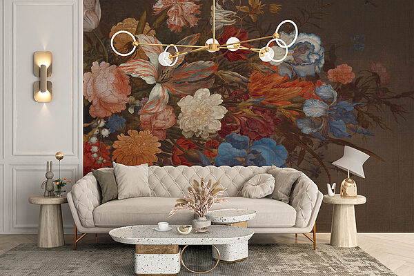 Painting of flowers on a brown surface Painting of flowers on a brown surface