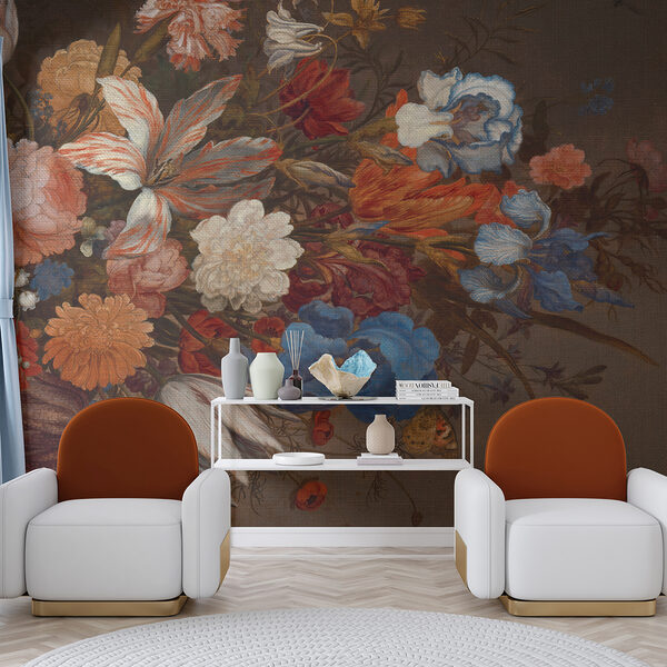 Painting of flowers on a brown surface Painting of flowers on a brown surface