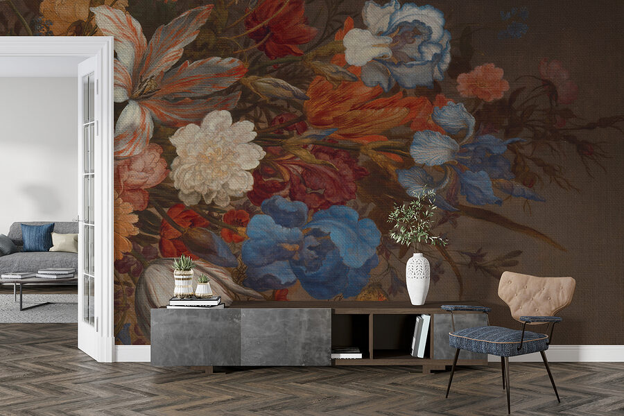 Painting of flowers on a brown surface Painting of flowers on a brown surface