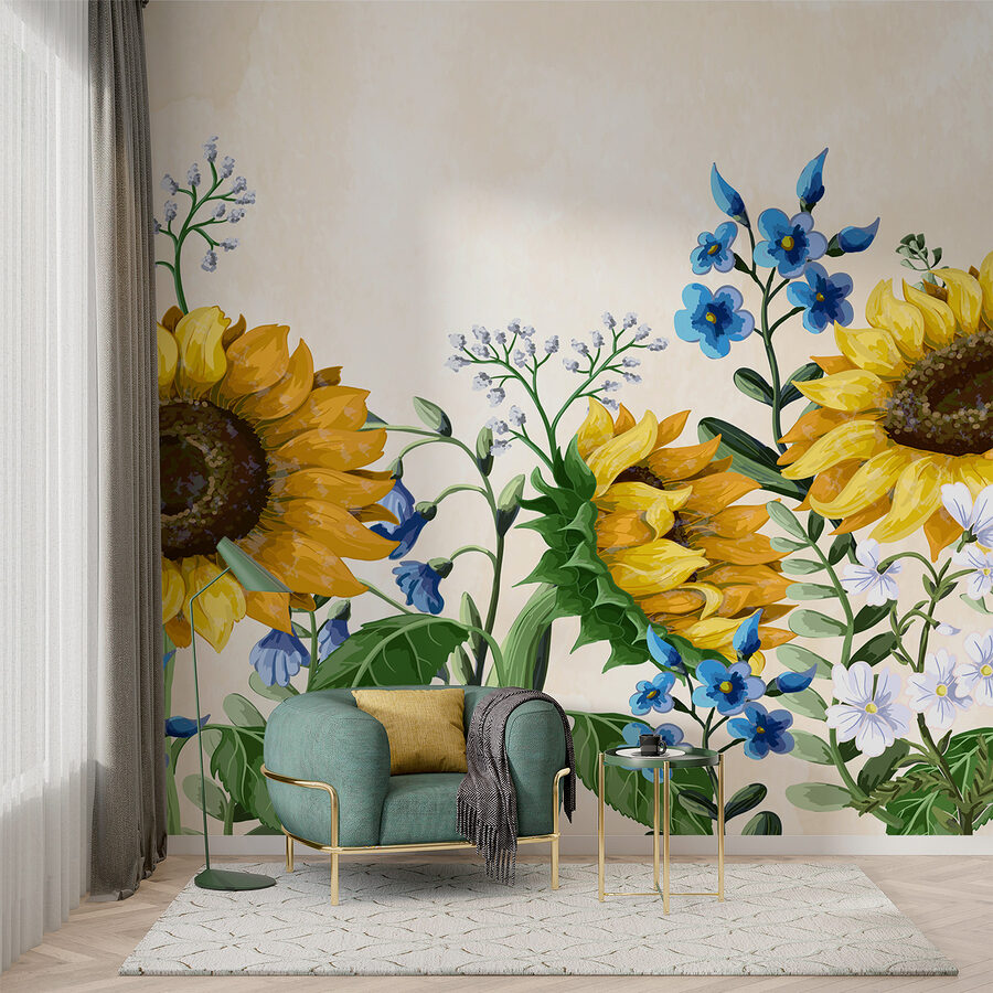 Wall murals Group of sunflowers and other flowers