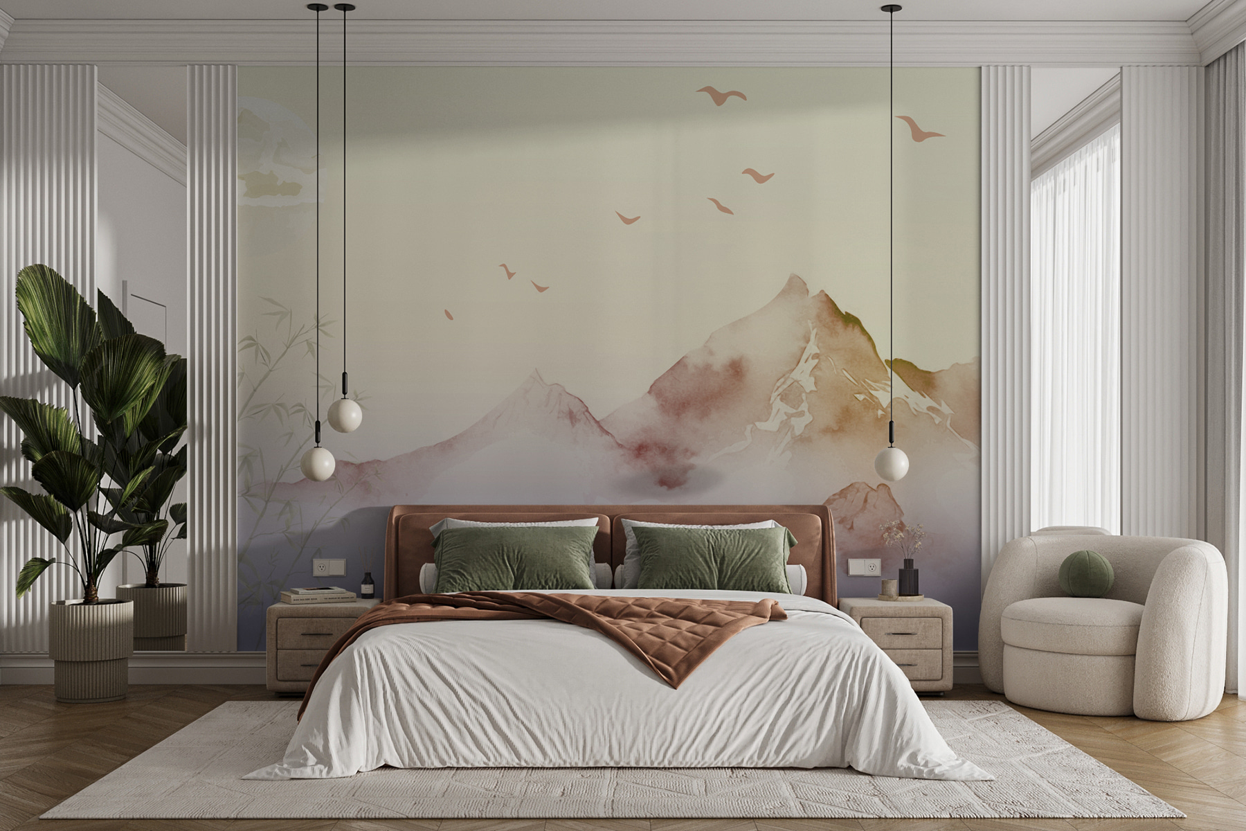 Painting of mountains and birds