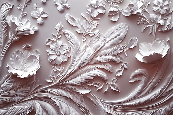 White wall with flowers and leaves White wall with flowers and leaves