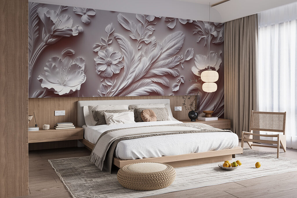 White wall with flowers and leaves