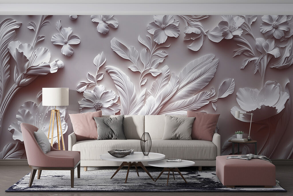 White wall with flowers and leaves