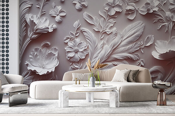 White wall with flowers and leaves White wall with flowers and leaves