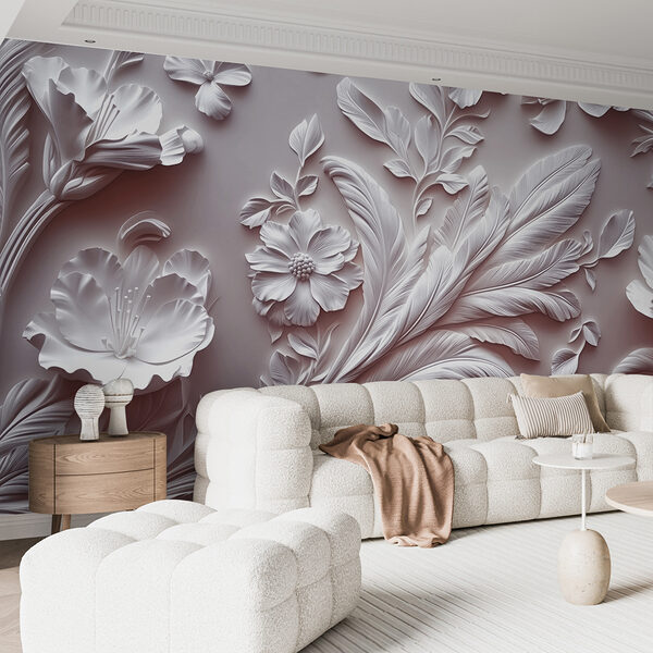 White wall with flowers and leaves White wall with flowers and leaves
