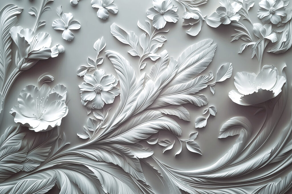 White wall with flowers and leaves White wall with flowers and leaves